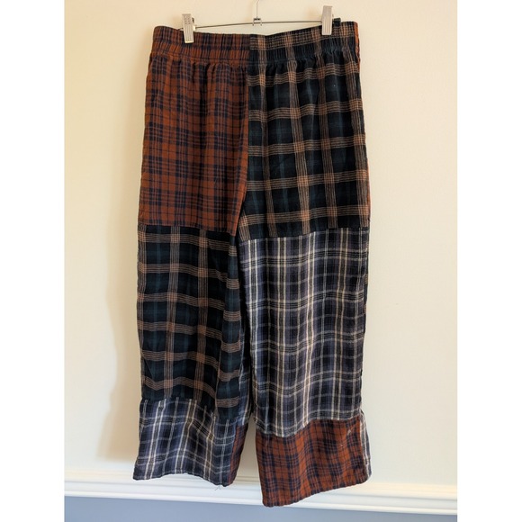 NATURAL LIFE Pants - Natural Life Devon Patchwork Plaid Pants Brown Navy Multi Flannel Wide Leg Large